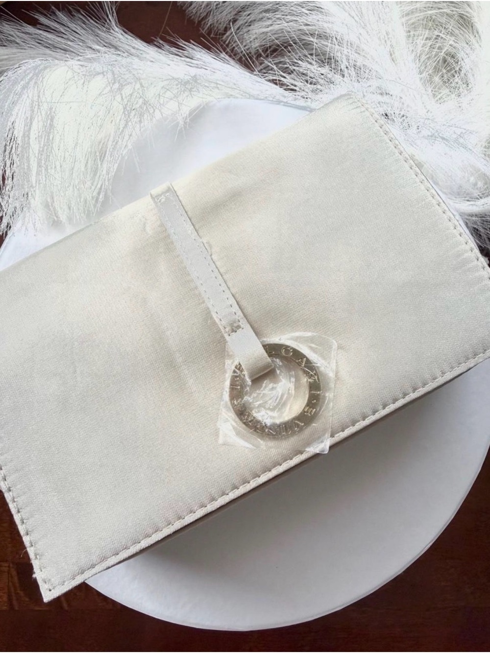 Bulgari Cream Satin Clutch with Silver Ring Detail